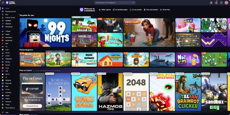 crazygames，在线小游戏平台，超多小游戏免费在线玩，还可以和好友联机4000+游戏，没啥广告，唯一缺陷就是不支持中文🏷标签：#网站 #游戏 #game #在线 #小游戏☁链接：网站地址